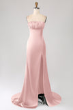 Dusty Rose Sheath Spaghetti Straps Long Prom Dress With Slit