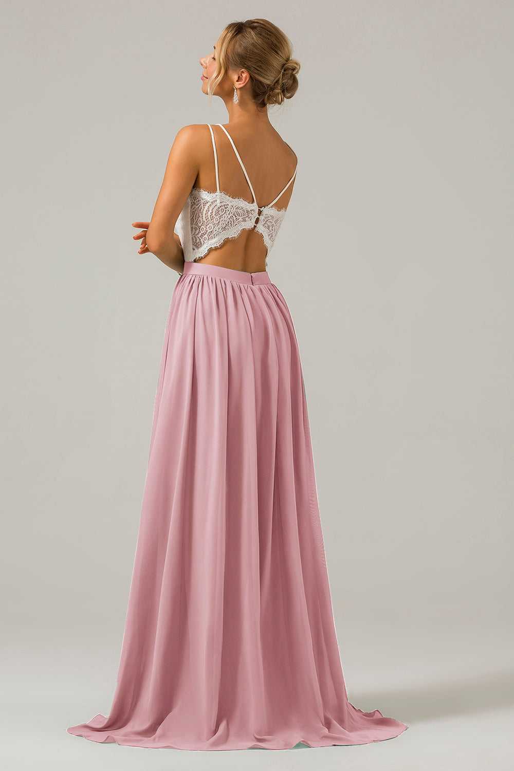 Dusk A-Line Spaghetti Straps Pleated Long Bridesmaid Dress With Lace