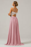 Dusk A-Line Spaghetti Straps Pleated Long Bridesmaid Dress With Lace