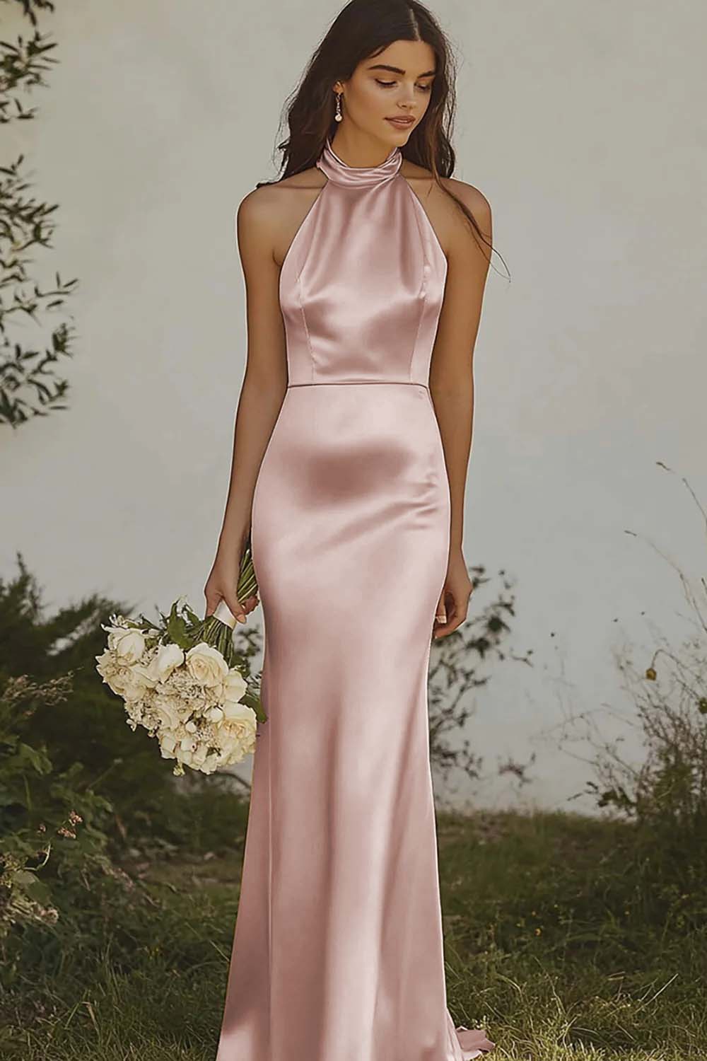 Leely Women Elegant Dusty Rose Satin Sheath Bridesmaid Dress Halter Backless Maxi Wedding Guest Dress