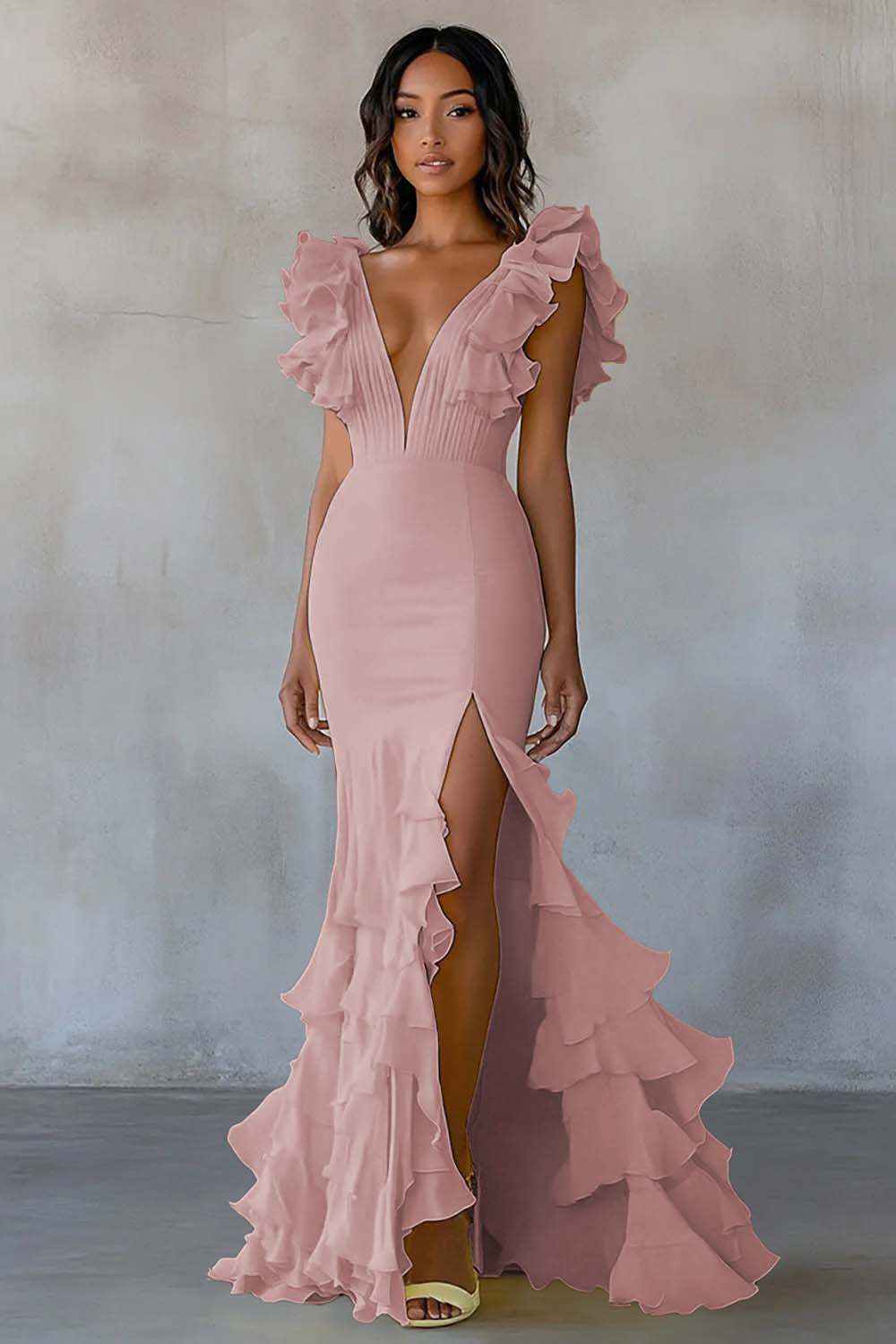 Leely Women Dusty Rose Chiffon Mermaid Maxi Formal Dress with Slit Deep V-Neck Ruffled Wedding Guest Dress with Short Sleeves
