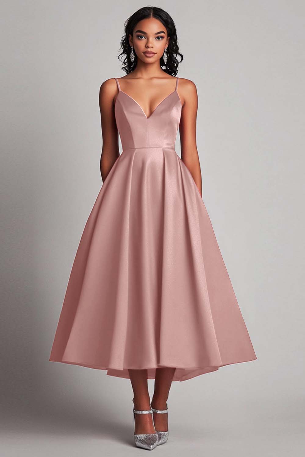 Champagne Satin A-Line V Neck Tea Length Formal Dress
