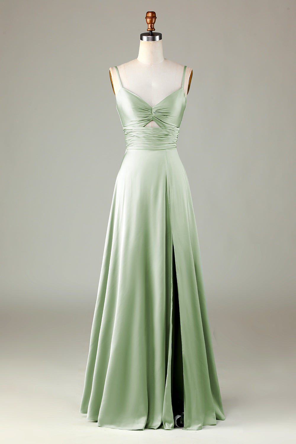 Keyhole Spaghetti Straps Matcha Bridesmaid Dress with Slit