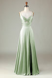 Keyhole Spaghetti Straps Matcha Bridesmaid Dress with Slit