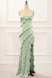 Dusty Rose Sheath Spaghetti Straps Long Bridesmaid Dress with Ruffles