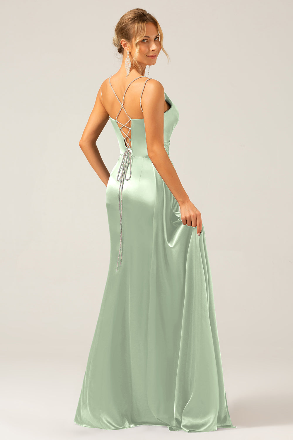 Dusty Blue Mermaid Spaghetti Straps Lace-up Back Prom Dress with Slit