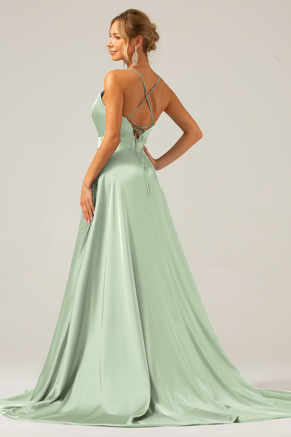 A Line Satin Dusty Blue Spaghetti Straps Prom Dress with Slit