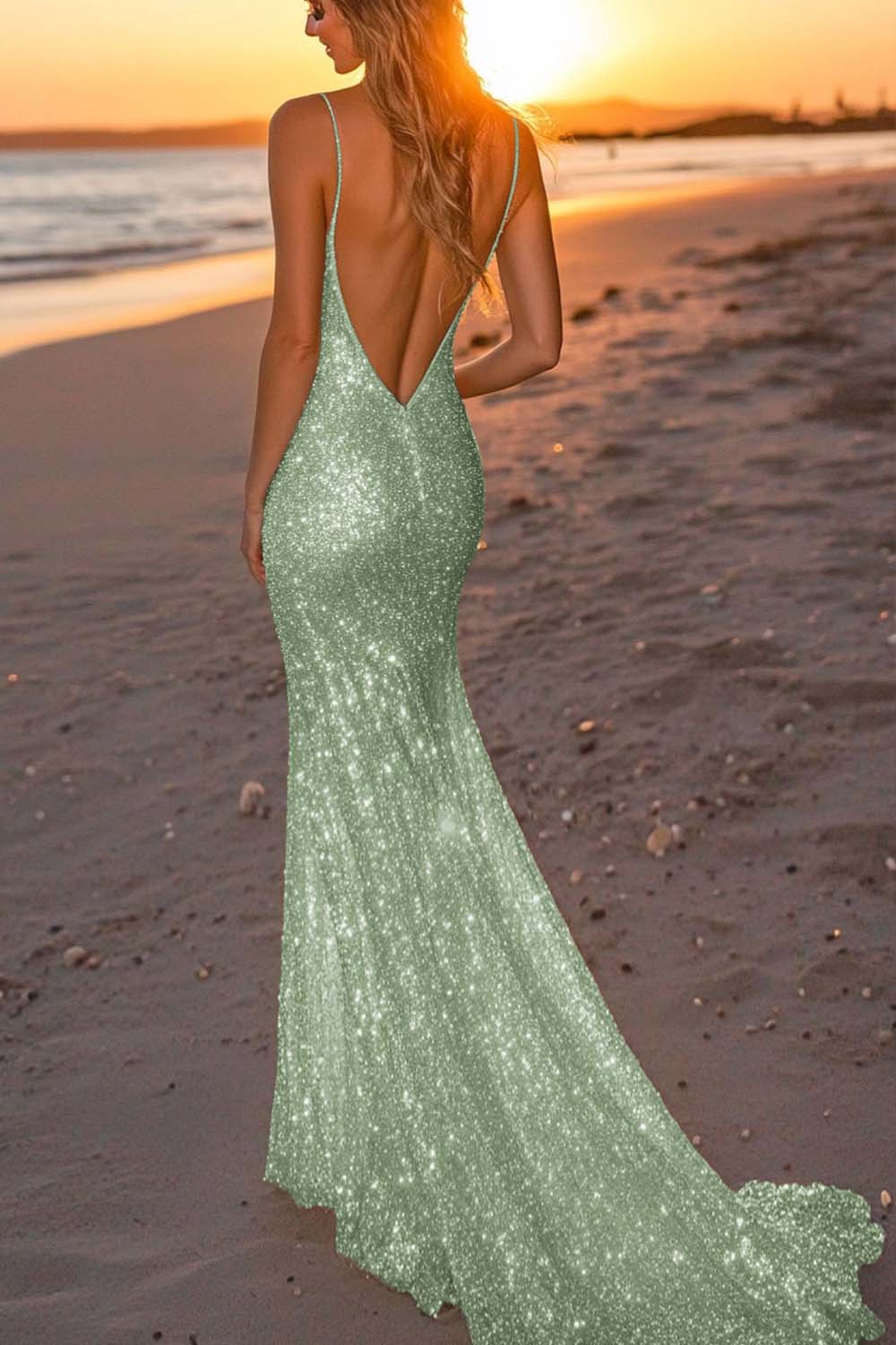 Sparkly Dusty Sage Sequined Spaghetti Straps Mermaid Formal Dress