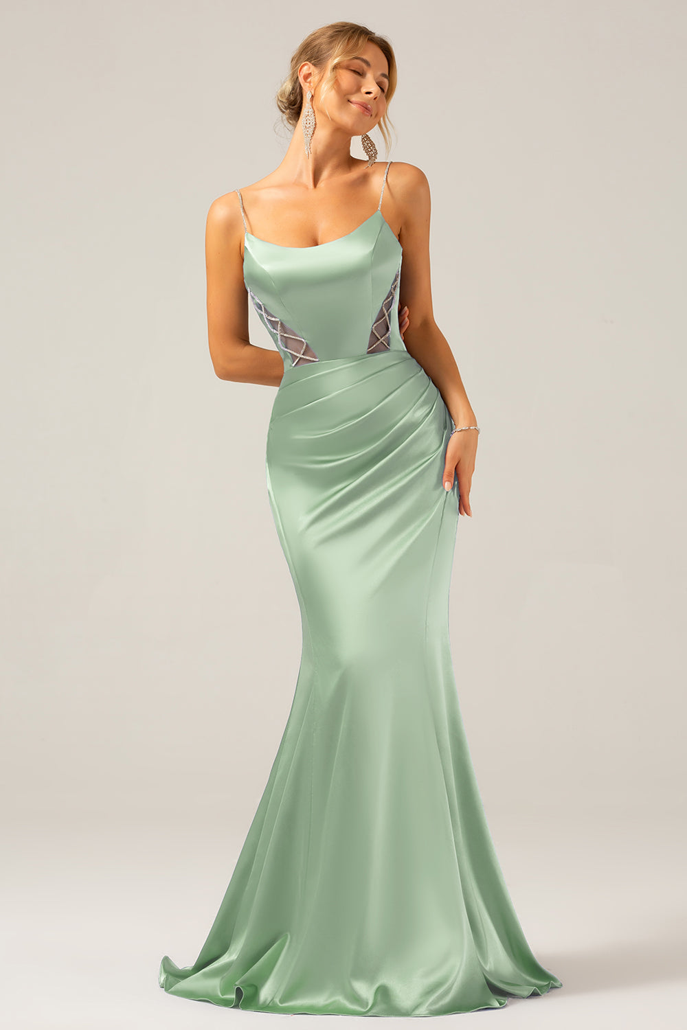 Dusty Blue Mermaid Satin Spaghetti Straps Long Bridesmaid Dress