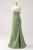Dusty Sage One Shoulder Mermaid Bridesmaid Dress with Slit