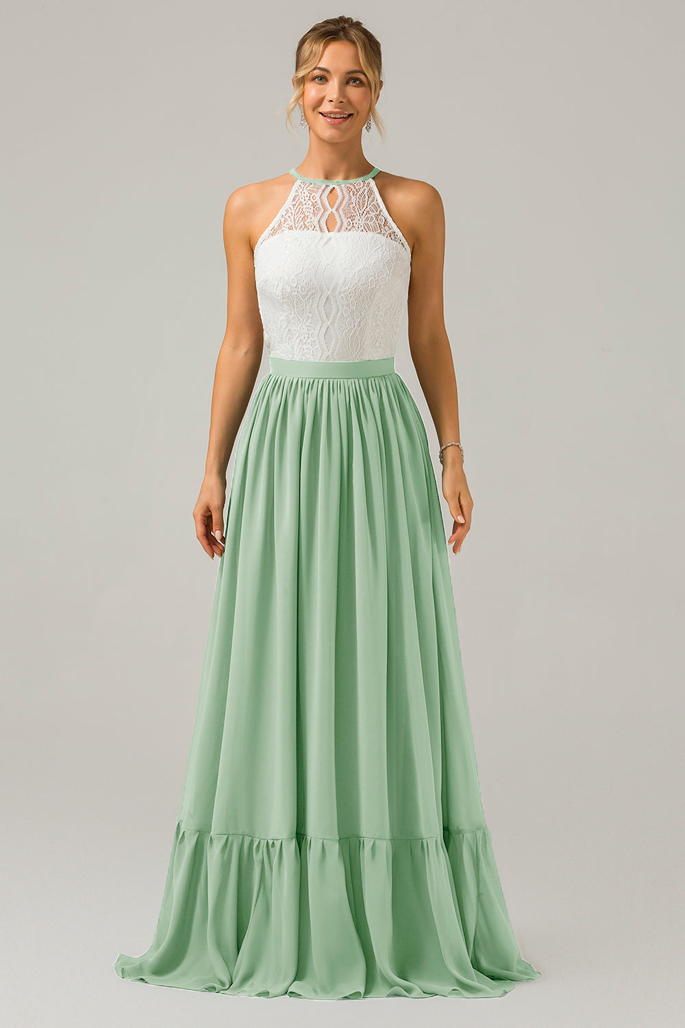 Dusk A-Line Halter Pleated Keyhole Chiffon Bridesmaid Dress With Lace