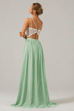 Dusk A-Line Spaghetti Straps Pleated Long Bridesmaid Dress With Lace