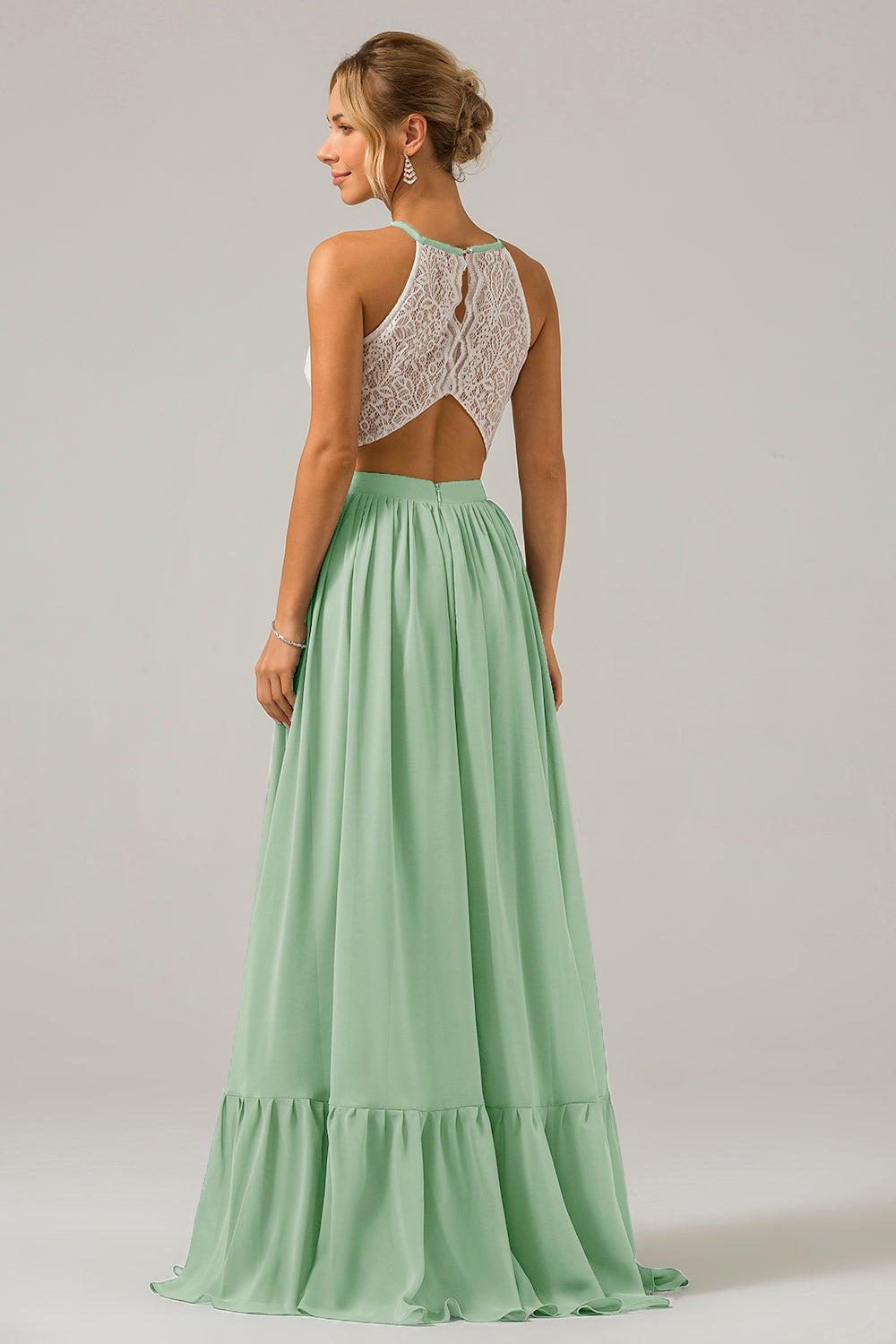 Dusk A-Line Halter Pleated Keyhole Chiffon Bridesmaid Dress With Lace