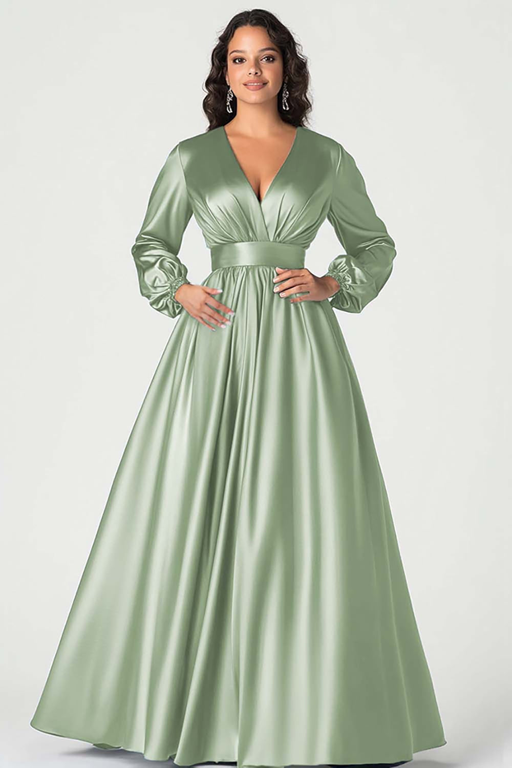 Dark Green A-Line Satin Mother of the Bride Dress with Long Sleeves