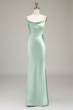 Dusty Sage Sheath Spaghetti Straps Satin Long Bridesmaid Dress