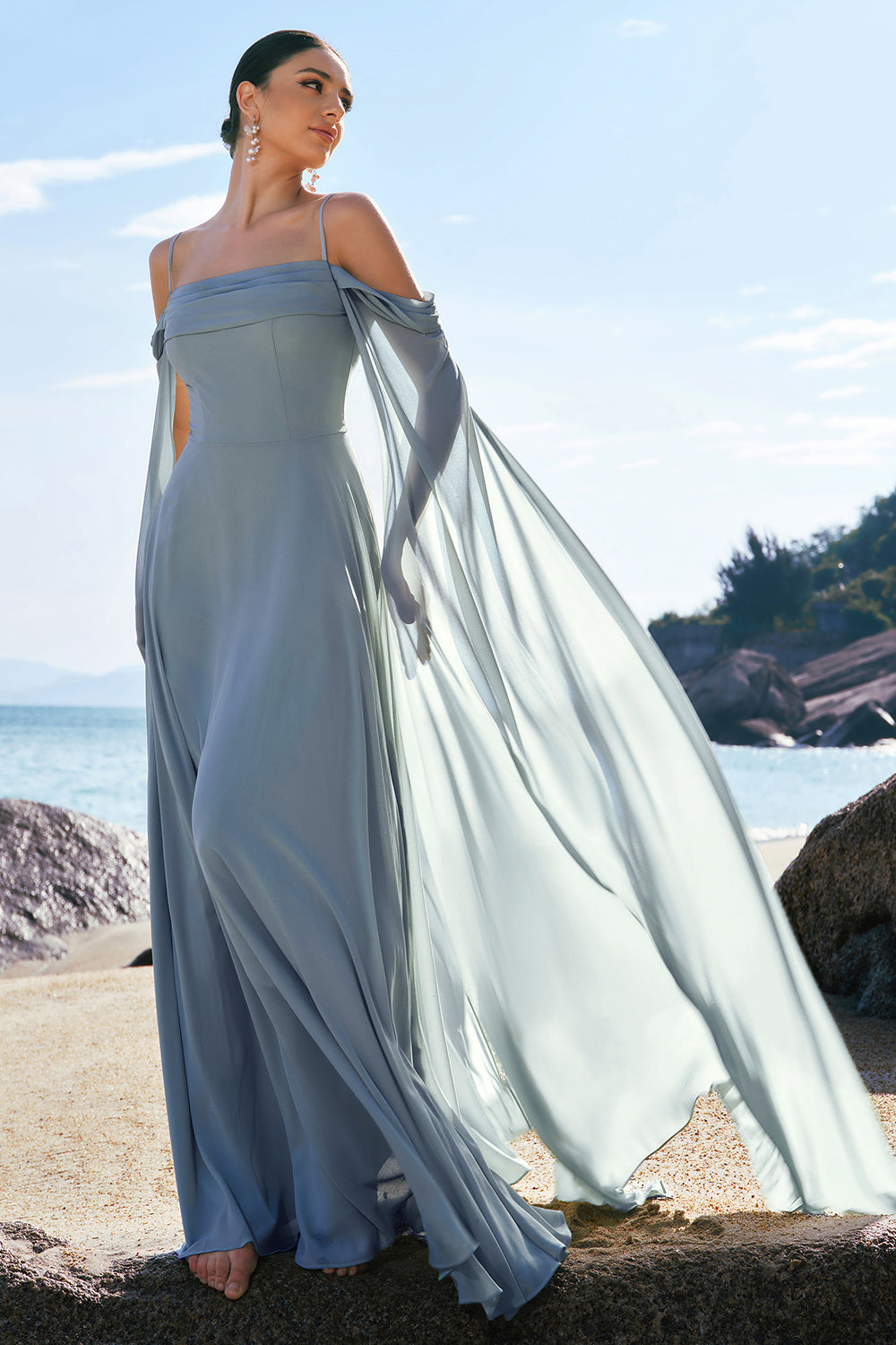 Light Green Chiffon Cold Shoulder Watteau Train Bridesmaid Dress