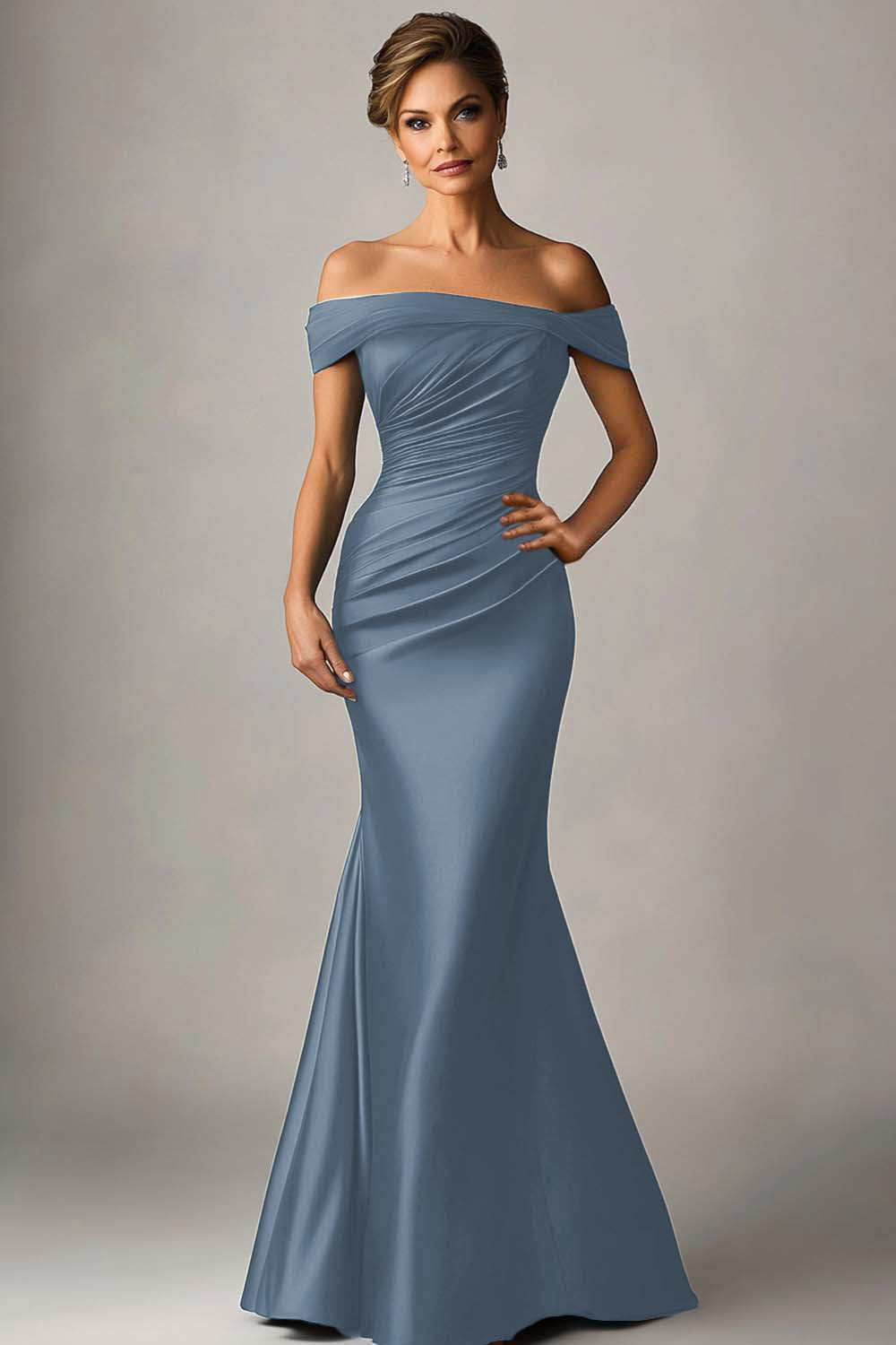 Off the Shoulder Eucalyptus Mermaid Satin Ruched Maxi Formal Dress