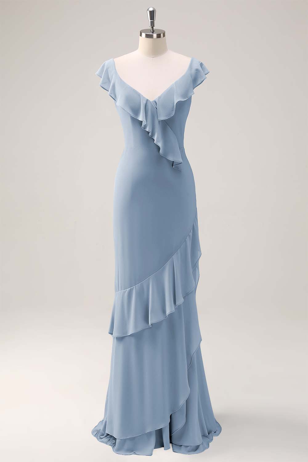 Dusty Sage V-Neck Mermaid Chiffon Bridesmaid Dress with Ruffles