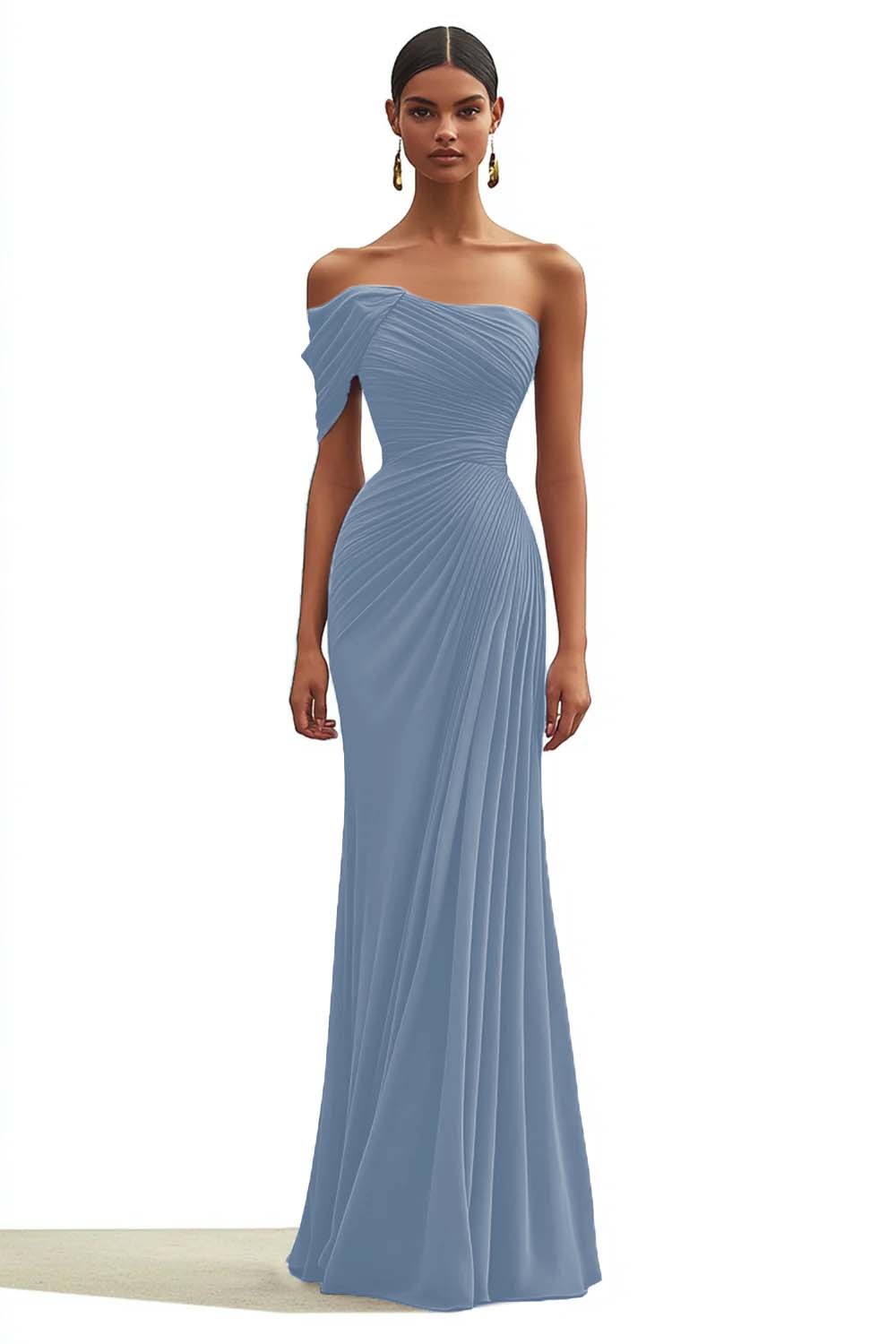 One Shoulder Dark Green Pleated Sheath Maxi Formal Dress