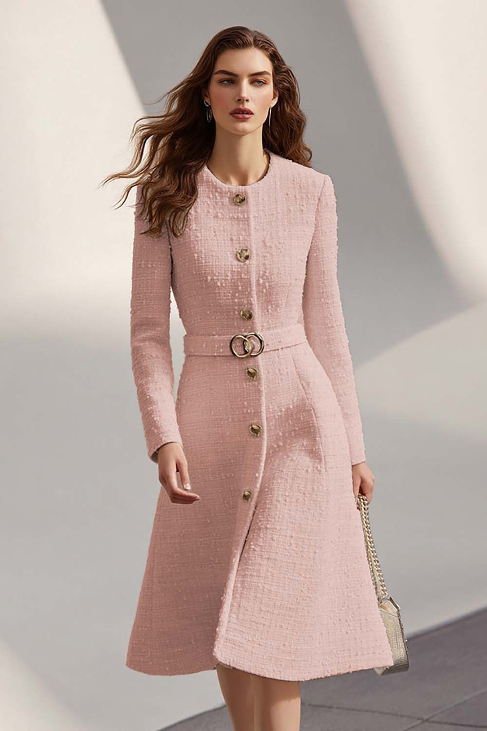 Tweed Ivory Long Sleeves Round Neck Midi Work Dress with Belt