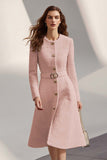 Tweed Ivory Long Sleeves Round Neck Midi Work Dress with Belt