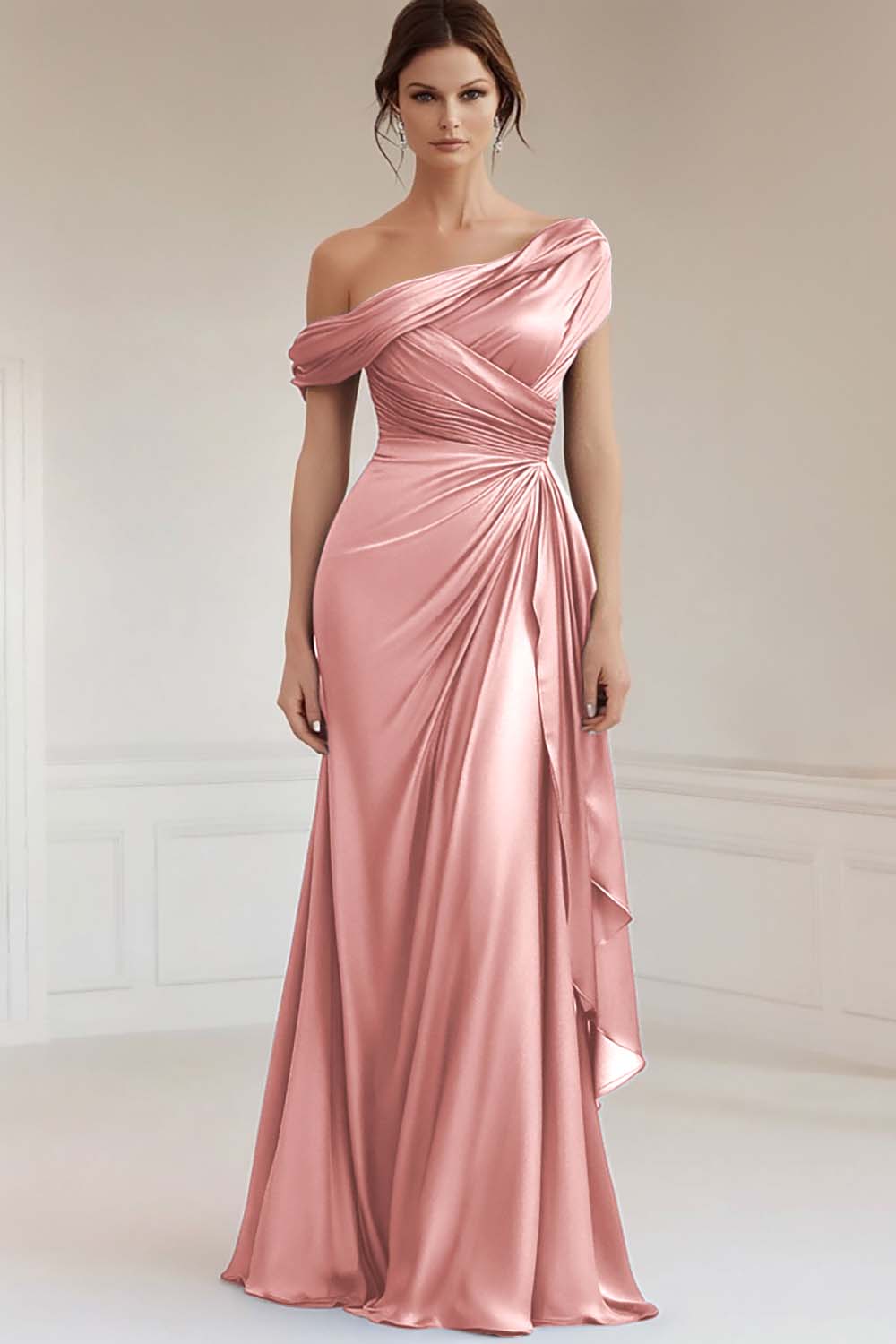 Dusty Rose Satin One Shoulder Sheath Mother of the Bride Dress with Ruffles