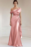 Dusty Rose Satin One Shoulder Sheath Mother of the Bride Dress with Ruffles