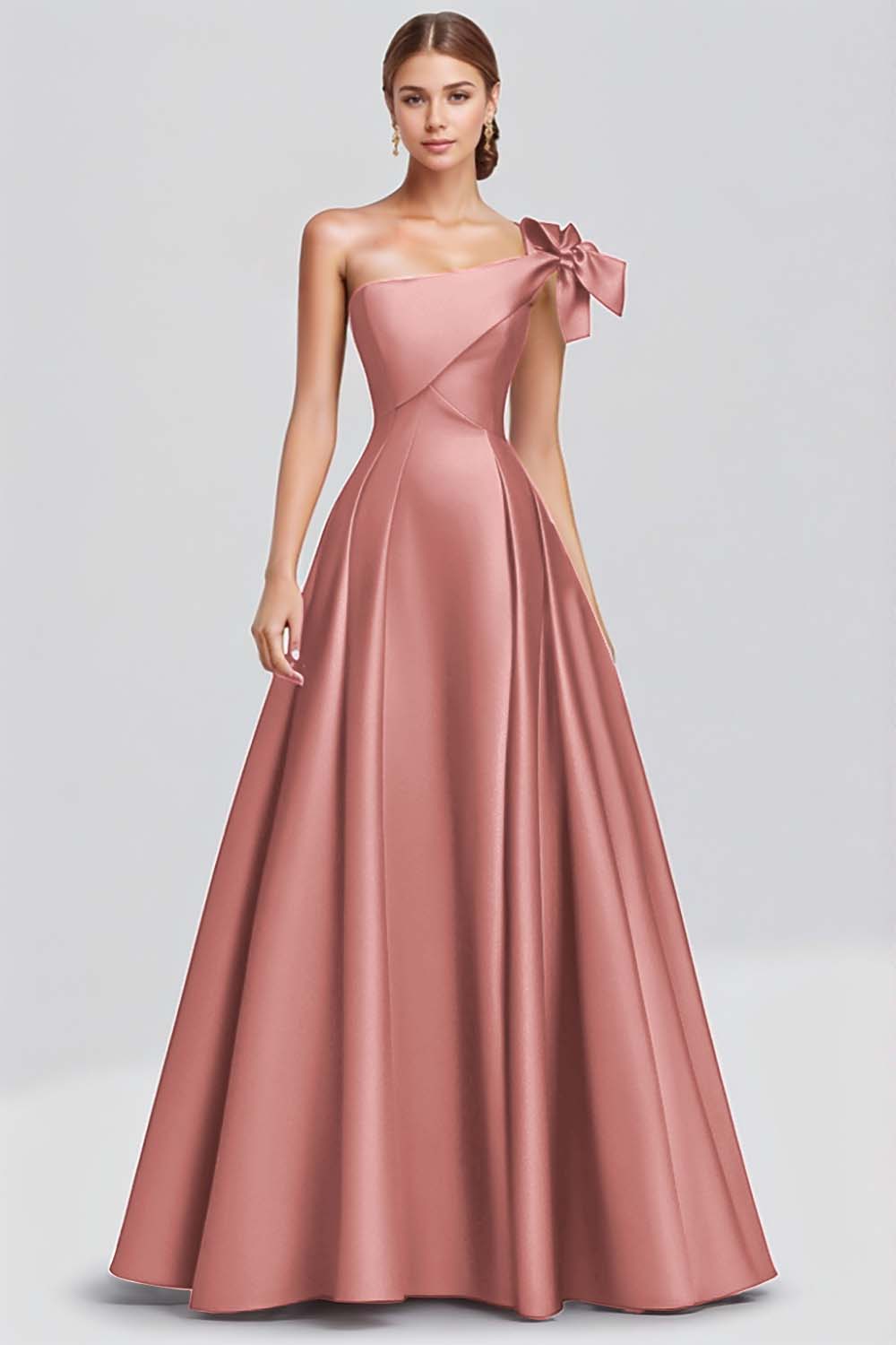 Dusty Rose One shoulder Ball Gown Satin Formal Dress with Bow
