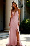 Dusty Rose Spaghetti Straps Sheath Applique Prom Dress with Slit