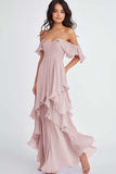 Lilac Off the Shoulder Ruffled Flowy A Line Maxi Formal Dress