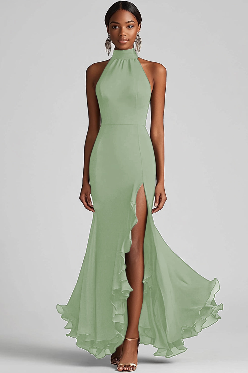 Halter Sleeveless Sheath Ruffled Black Tie Dress with Slit