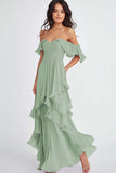 Dusty Sage Ruffled Off the Shoulder Flowy A Line Maxi Formal Dress