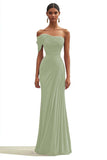 One Shoulder Dark Green Pleated Sheath Maxi Formal Dress