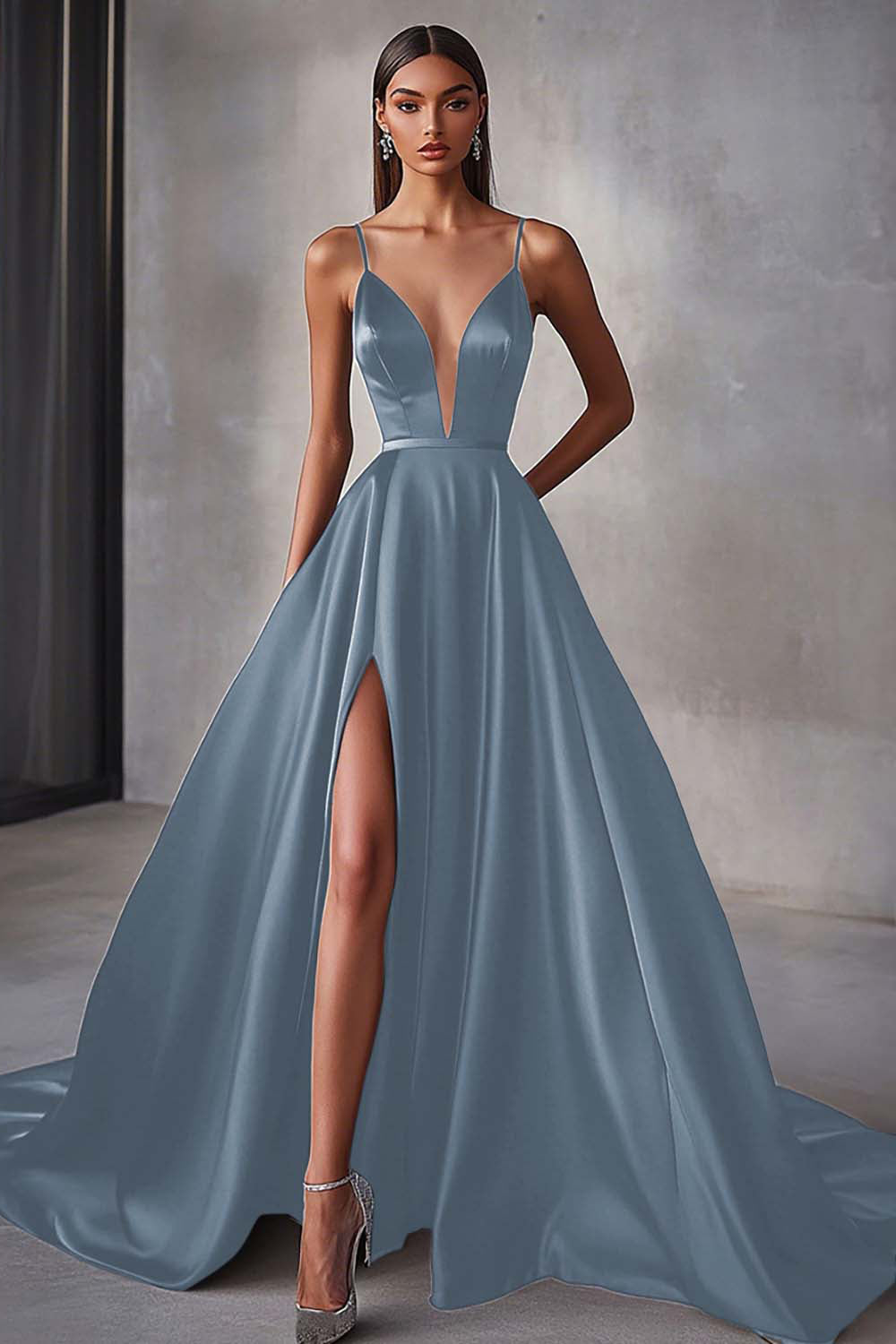 Navy A Line Satin V-Neck Spaghetti Straps Maxi Prom Dress with Slit