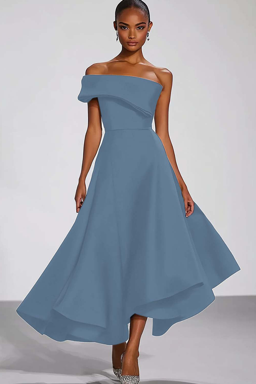 Navy Off the Shoulder A Line Asymmetrical Formal Dress