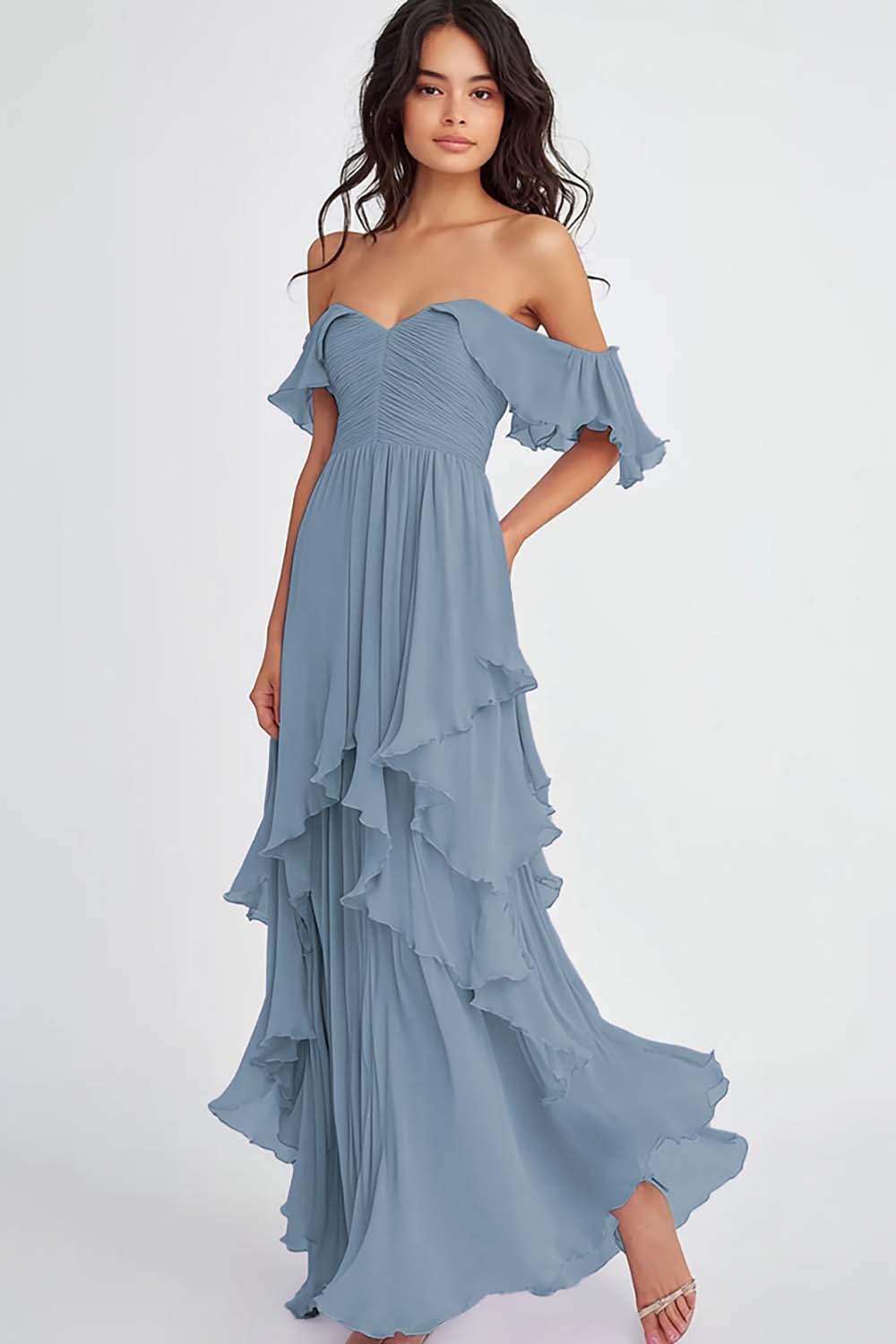Lilac Off the Shoulder Ruffled Flowy A Line Maxi Formal Dress