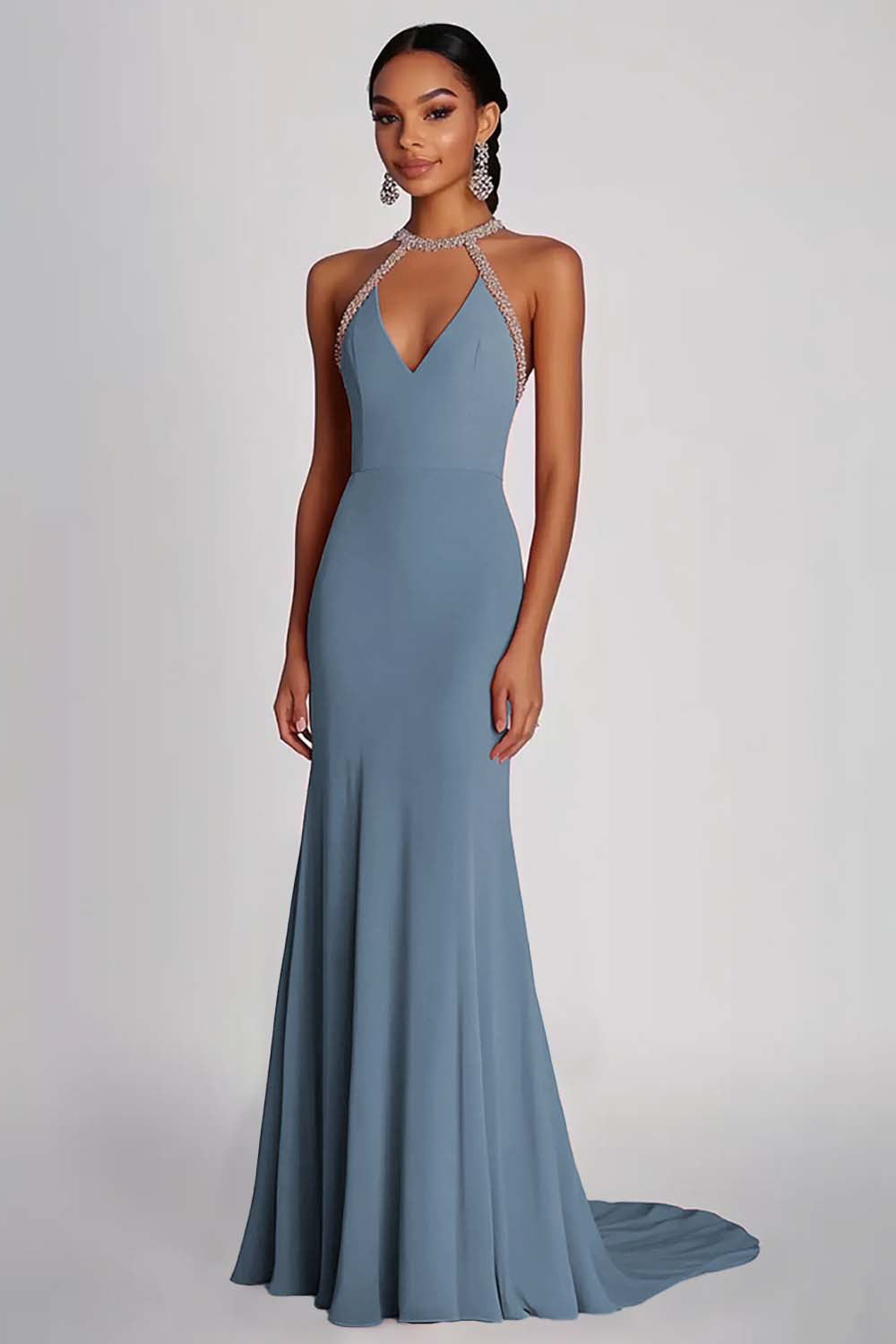 Pink Halter Sheath Floor Length Formal Dress with Beading