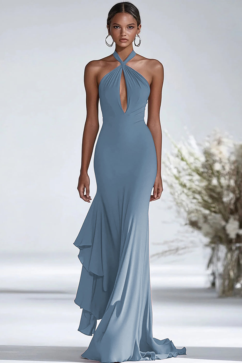 Terracotta Sheath Halter Chiffon Keyhole Long Formal Dress with Ruffles