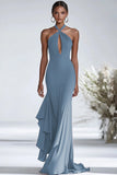 Terracotta Sheath Halter Chiffon Keyhole Long Formal Dress with Ruffles