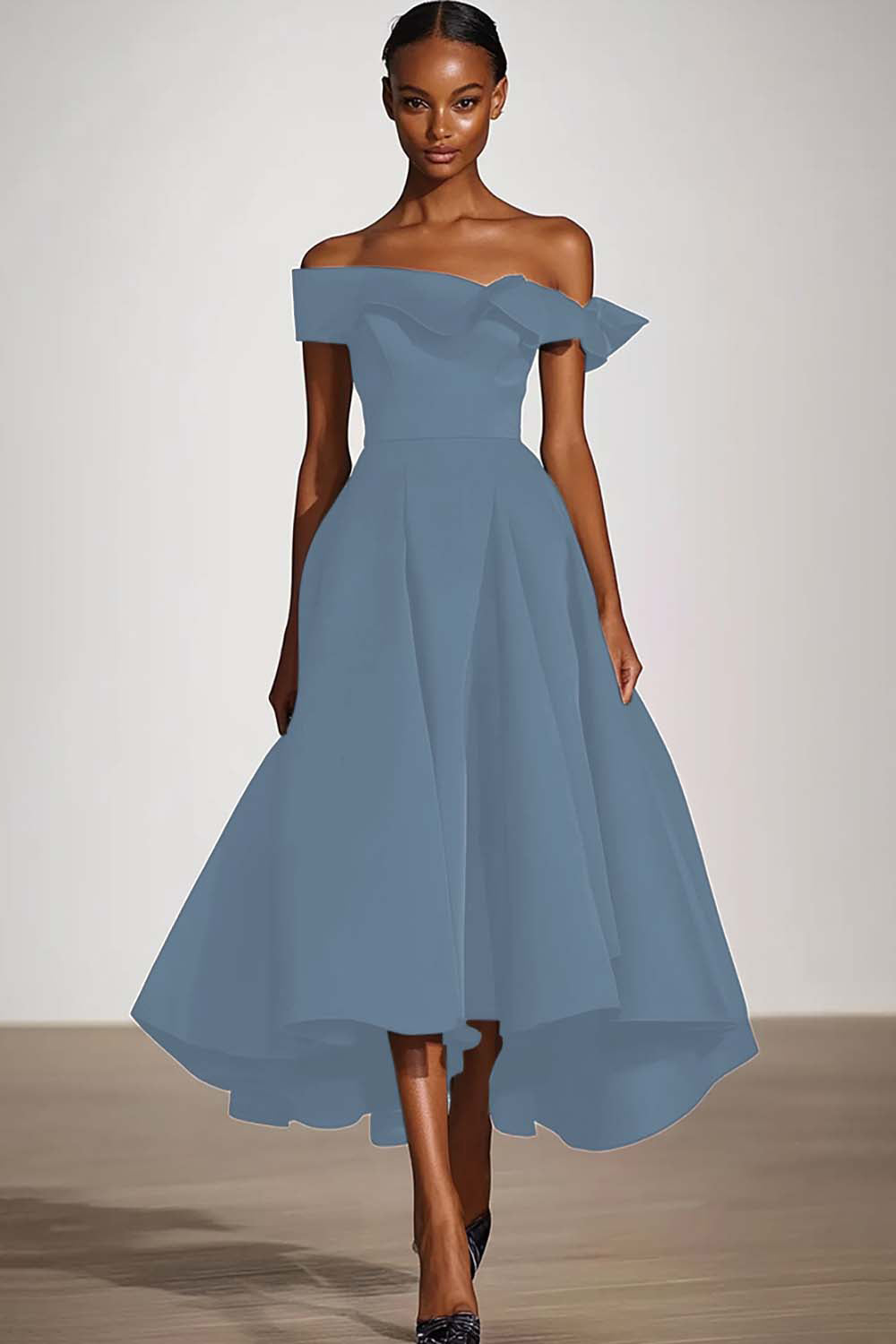 Black Off the Shoulder A Line Ruffled Tea-Length Formal Dress