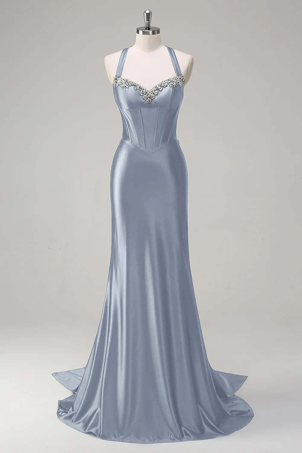 Pink Beaded Corset Satin Mermaid Sweep Train Prom Dress