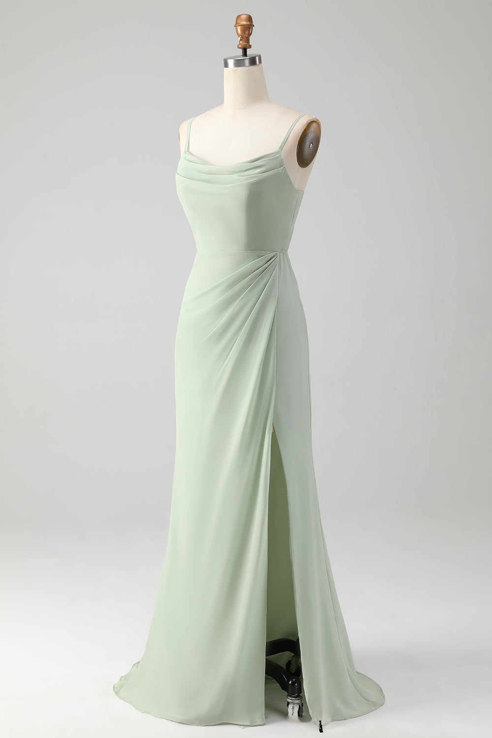 Matcha A Line Spaghetti Straps Satin Long Bridesmaid Dress with Lace Up Back