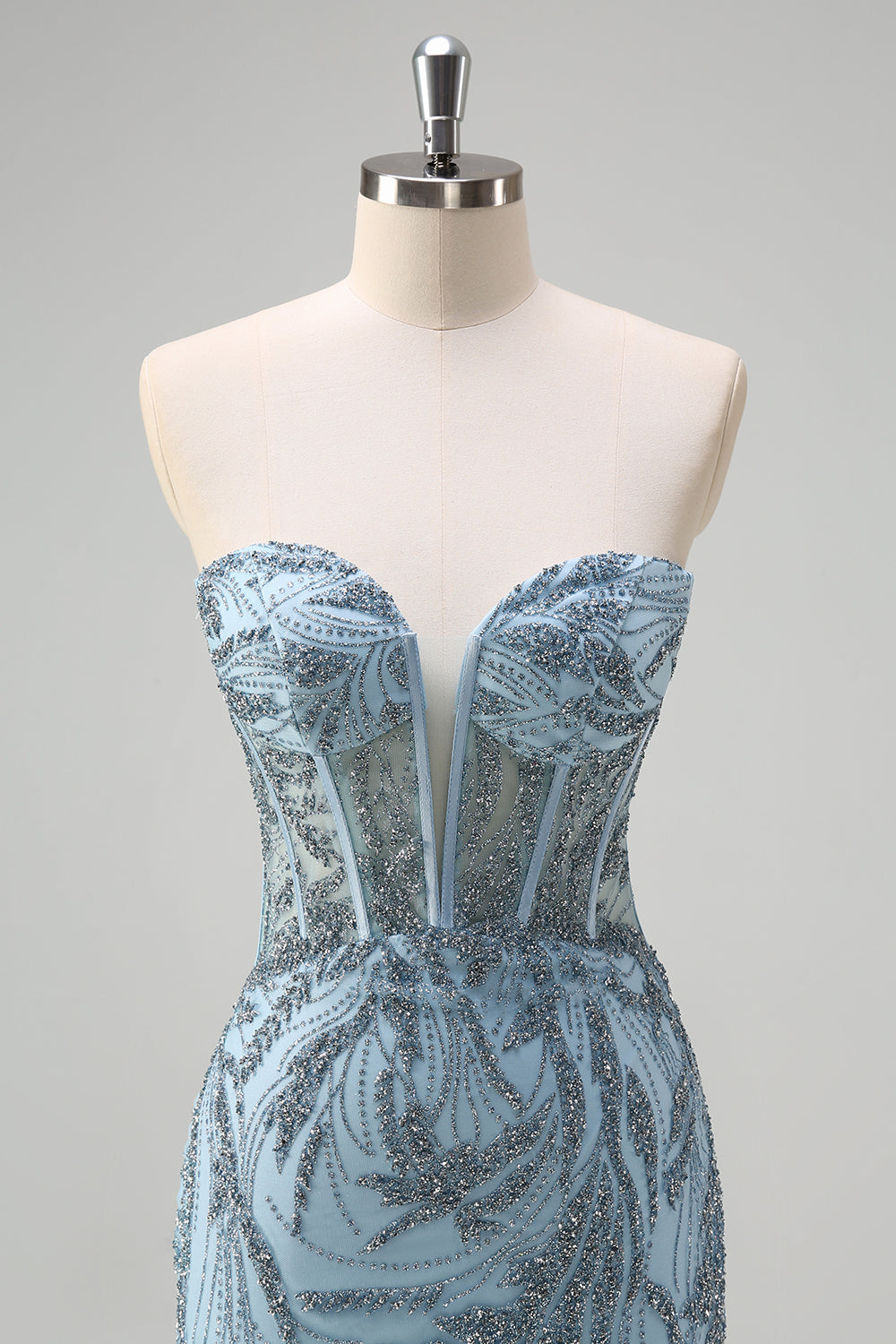 Sparkly Light Blue Mermaid Strapless Corset Beaded Prom Dress With Slit
