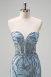 Sparkly Light Blue Mermaid Strapless Corset Beaded Prom Dress With Slit