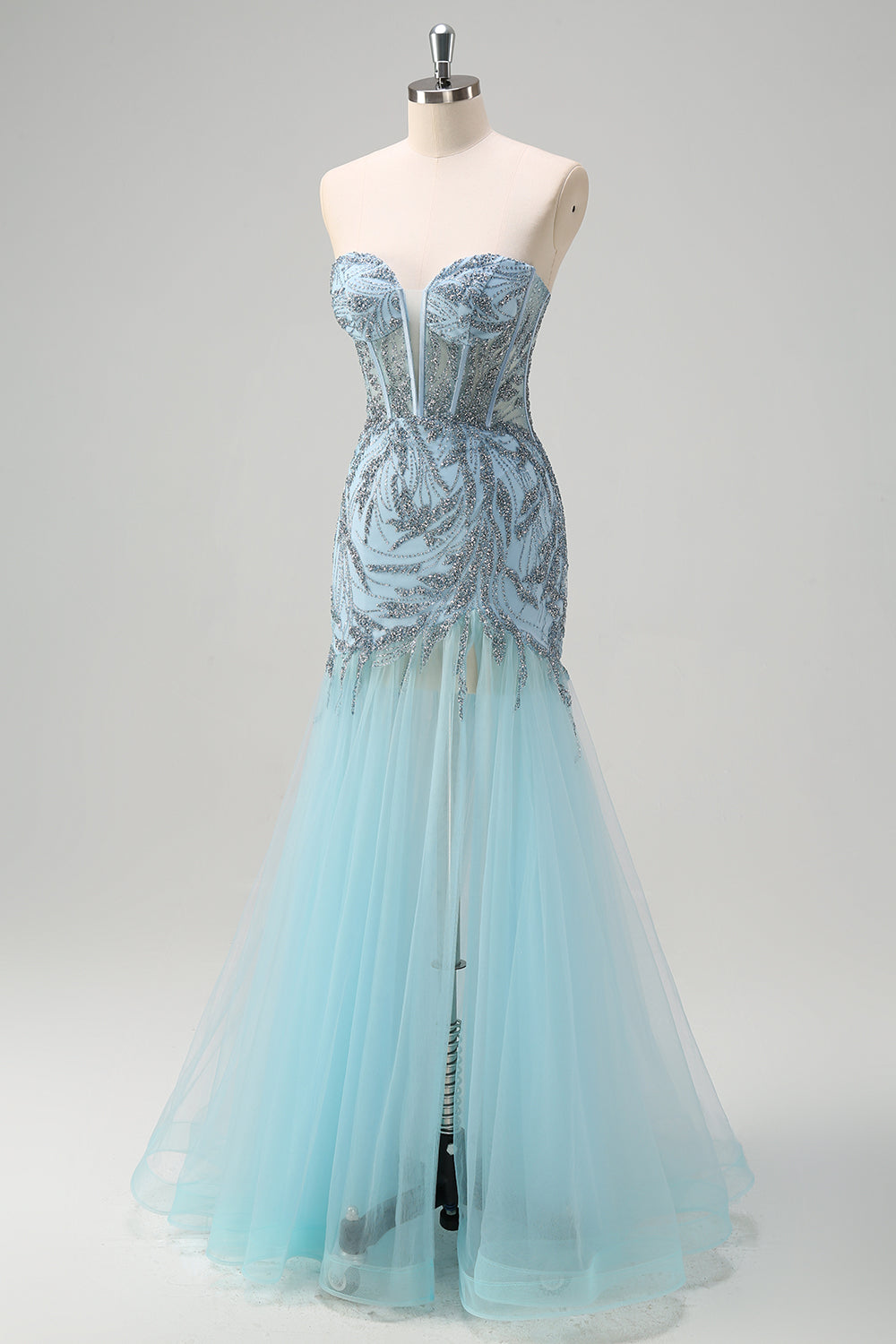 Sparkly Light Blue Mermaid Strapless Corset Beaded Prom Dress With Slit