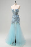 Sparkly Light Blue Mermaid Strapless Corset Beaded Prom Dress With Slit