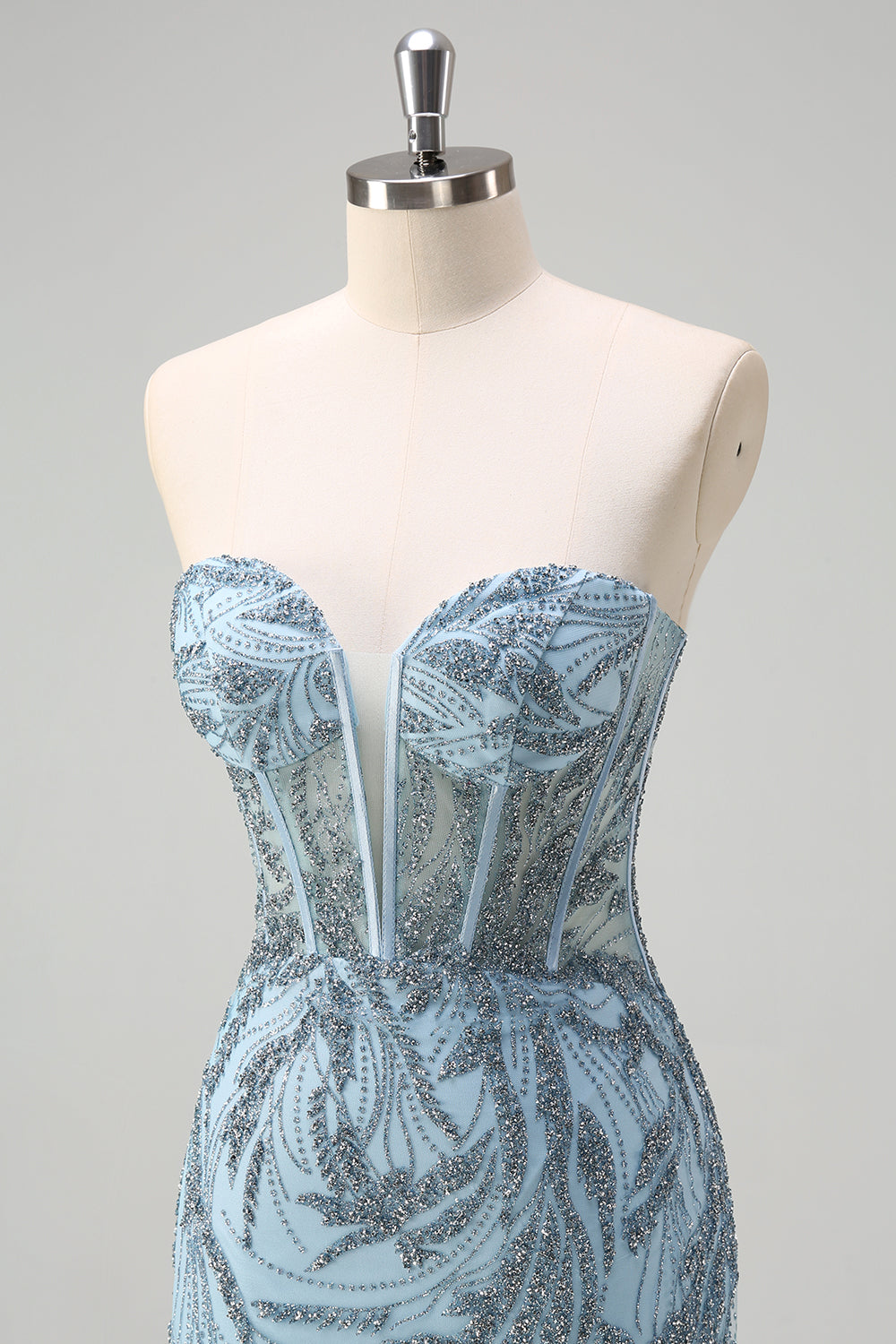 Sparkly Light Blue Mermaid Strapless Corset Beaded Prom Dress With Slit