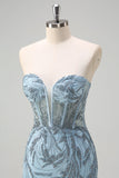 Sparkly Light Blue Mermaid Strapless Corset Beaded Prom Dress With Slit