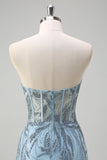 Sparkly Light Blue Mermaid Strapless Corset Beaded Prom Dress With Slit