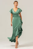 Eucalyptus V Neck Satin Ruffled Sheath Bridesmaid Dress with Slit